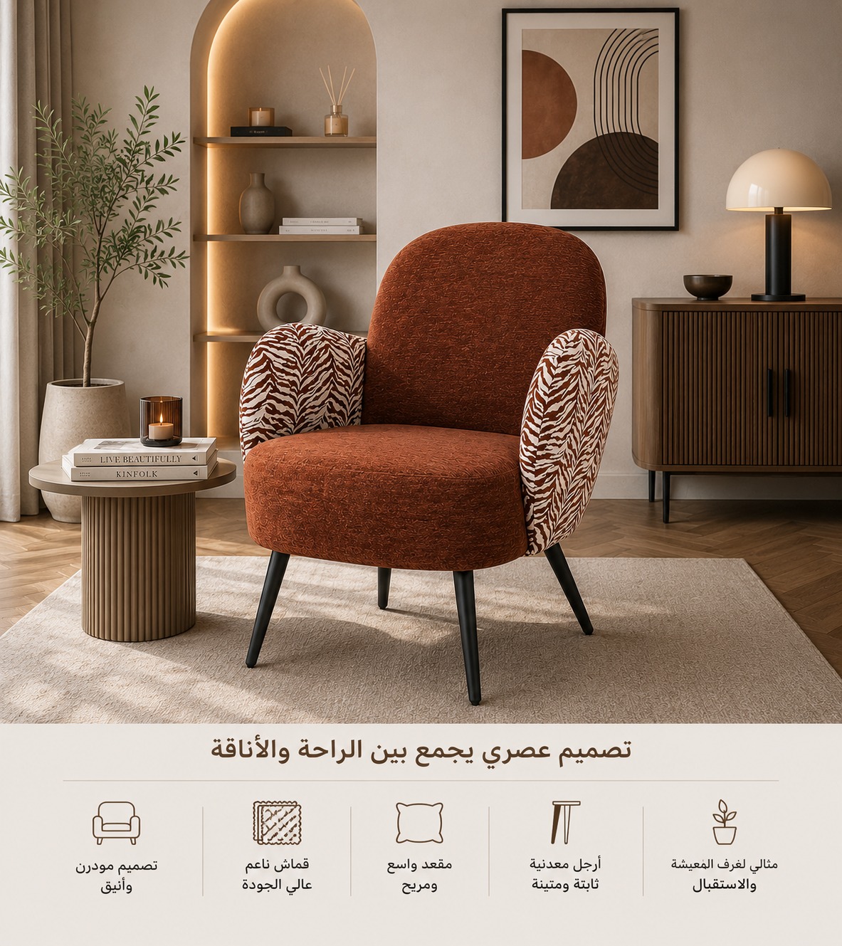  كرسي استرخاء قماش فاخر بتصميم مودرن دائري بقياس 80×74×68 سم – كرسي مفرد أنيق بمساند جانبية مزخرفة وأرجل معدنية سوداء لغرف المعيشة والاستقبال 