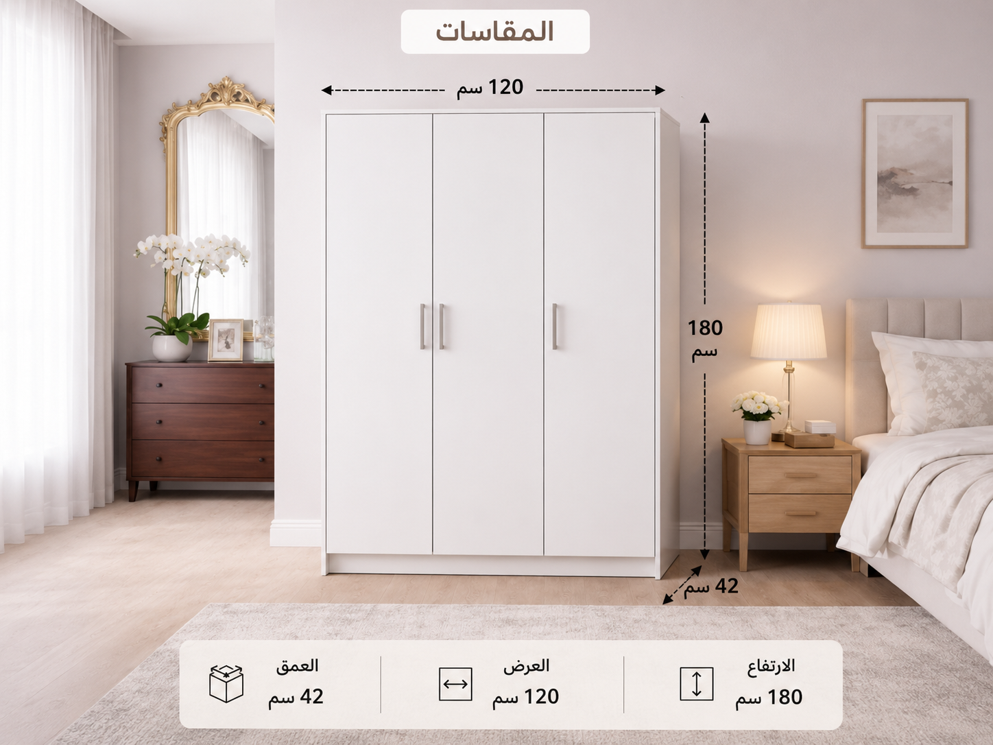  دولاب تخزين عصري خشبي بثلاث ابواب بتصميم أنيق – يوفر لك مساحة تخزين واسعة وتنظيم مثالي في غرف النوم 