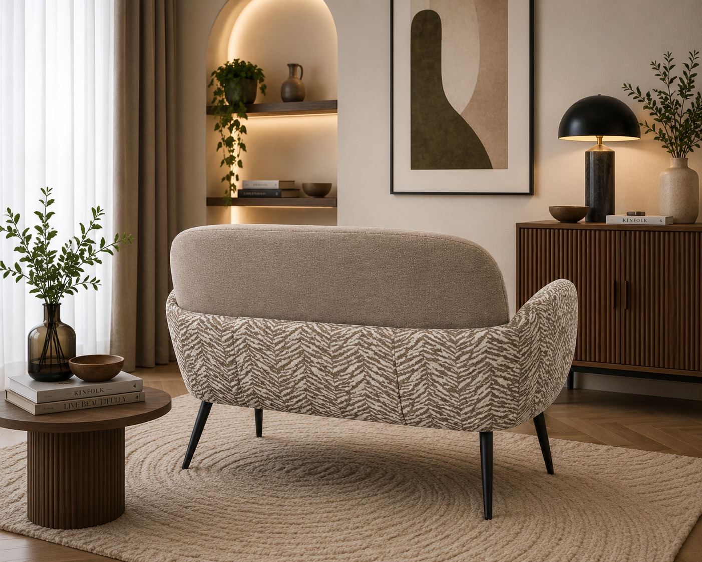  كنبة قماش فاخرة ثنائية بتصميم مودرن أنيق بقياس 132×74×80 سم – أريكة مريحة بظهر منحني وأذرع جانبية مزخرفة تناسب غرف المعيشة والاستقبال العصرية 