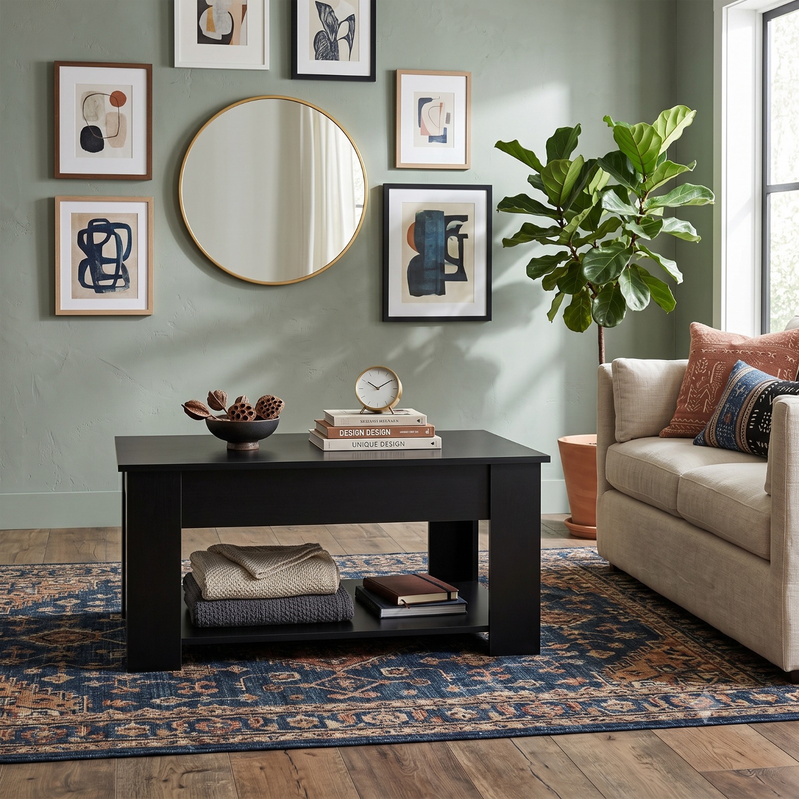 طاولة قهوة مودرن طاولة وسطية طاولة  بسطح رفع قابل للتعديل مع مساحة تخزين مخفية ورف سفلي عملي المقاس 90 × 50 × 46 سم 