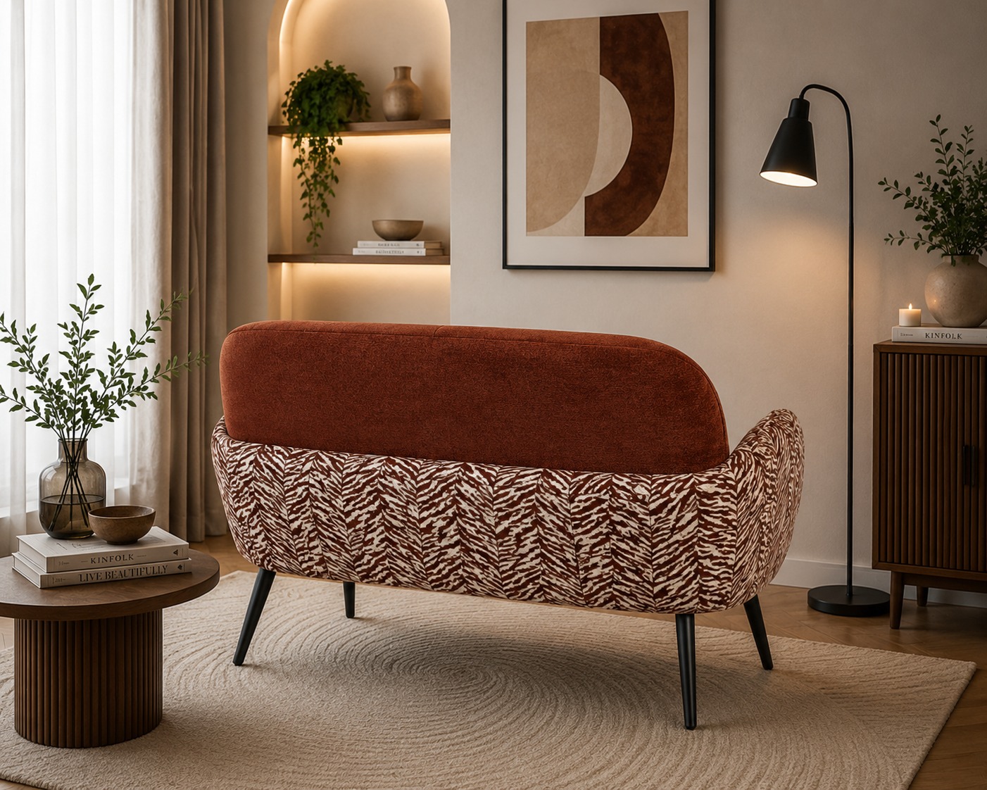  كنبة قماش فاخرة ثنائية بتصميم مودرن أنيق بقياس 132×74×80 سم – أريكة مريحة بظهر منحني وأذرع جانبية مزخرفة تناسب غرف المعيشة والاستقبال العصرية 