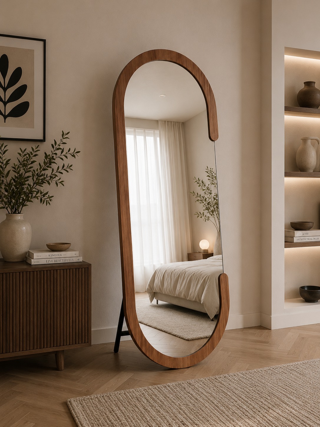  مرآة أرضية ومعلّقة بتصميم عصري فاخر – مرآة ديكور كاملة الطول بإطار انسيابي أنيق للمداخل وغرف النوم والصالونات الحديثة – مقاس 160 × 60 سم 