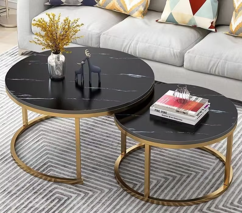  طقم طاولات قهوة متداخلة دائرية فاخرة قطعتين بتصميم عصري أنيق – هيكل من الفولاذ الكربوني مع سطح من خشب MDF عالي الكثافة، مقاس 70 × 45 سم + 50 × 38 سم، مثالية لغرف المعيشة والضيافة والديكور العصري 