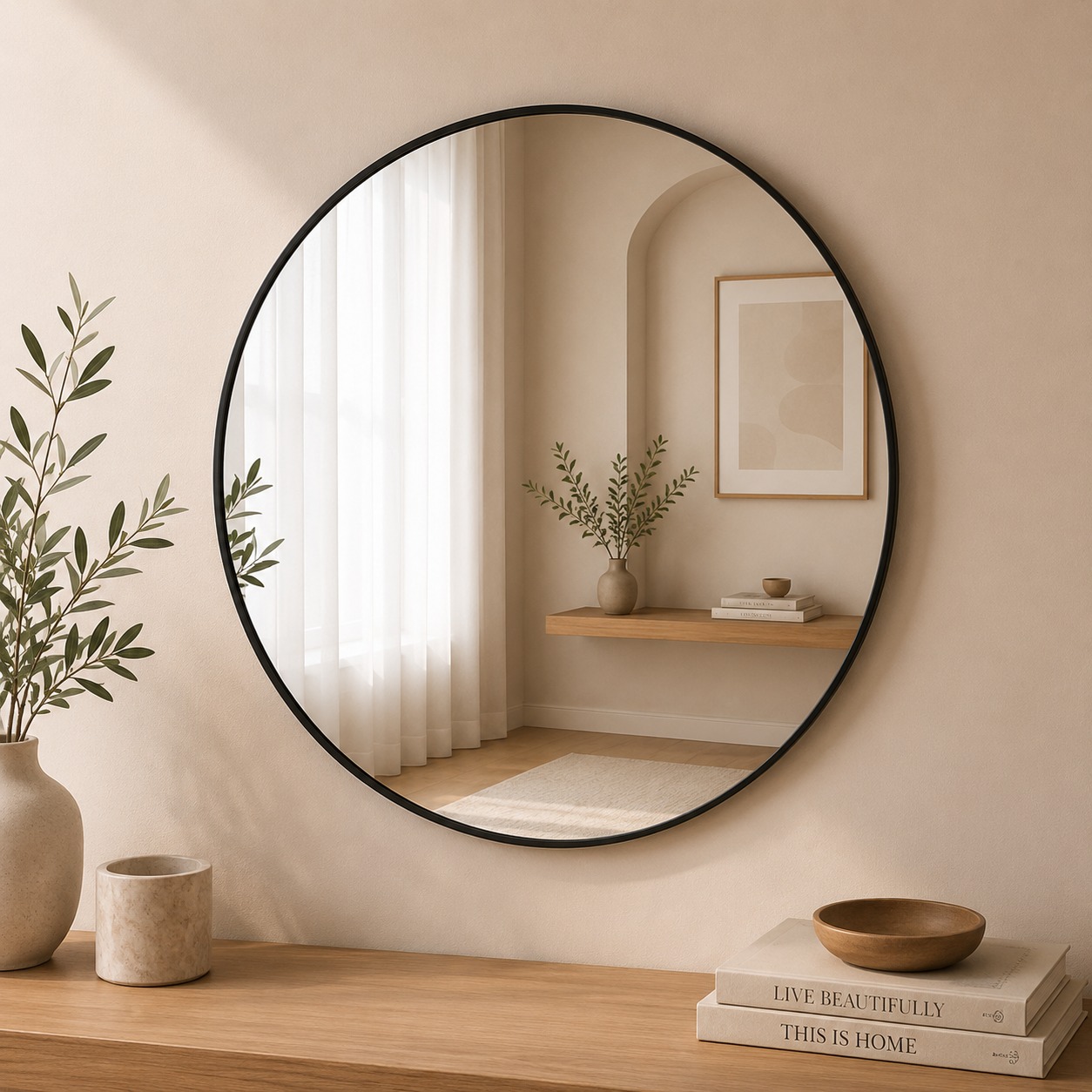 مرآة حائط دائرية فاخرة 90×90 سم بتصميم عصري أنيق – مرآة ديكور مودرن للمدخل وغرفة المعيشة وغرف النوم والصالونات 