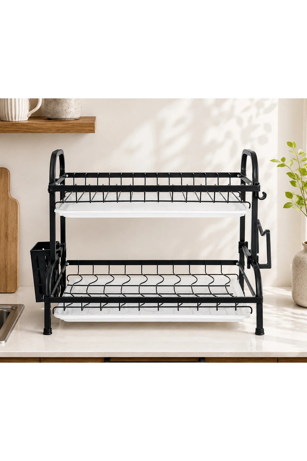  مجفف صحون معدني مزدوج الطبقات فاخر مع صينية تجميع مياه وحامل أدوات جانبي – تصميم عصري موفر للمساحة للمطابخ الحديثة – هيكل فولاذي متين مقاوم للصدأ – مقاس 41.5 × 23.3 × 38.5 سم 