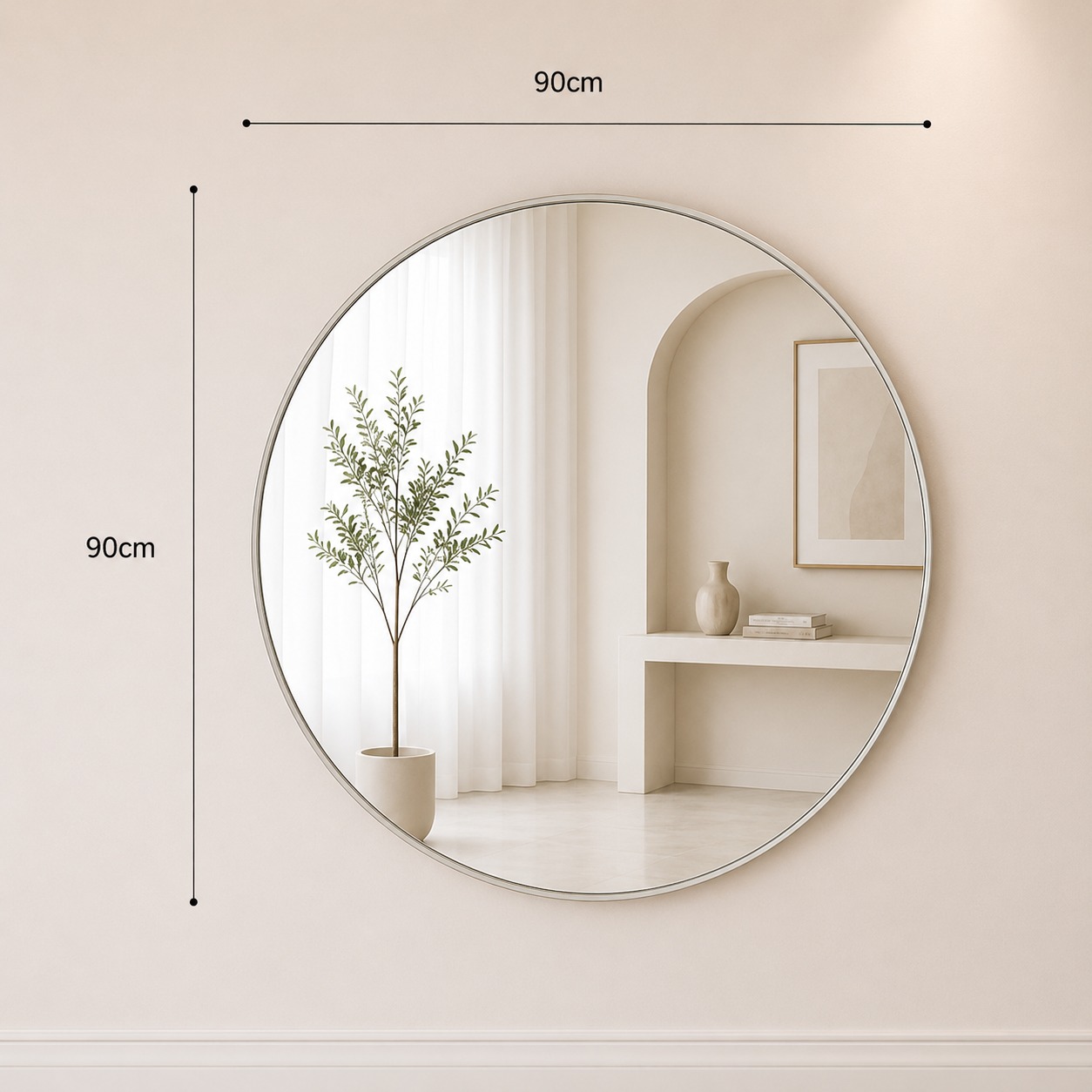  مرآة حائط دائرية فاخرة 90×90 سم بتصميم عصري أنيق – مرآة ديكور مودرن للمدخل وغرفة المعيشة وغرف النوم والصالونات 