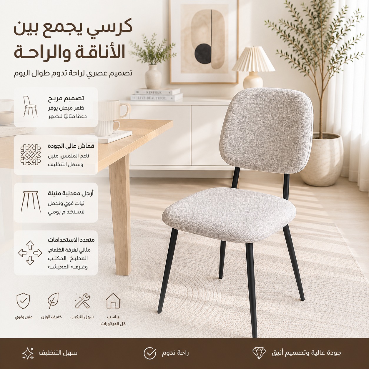  كرسي طعام مودرن مبطن بتصميم مريح وإطار معدني متين – ارتفاع 83 سم × العرض 50 سم × العمق 55 سم × ارتفاع المقعد 46 سم – مثالي لغرفة الطعام والمطبخ والكافيهات والمكاتب والديكورات العصرية 