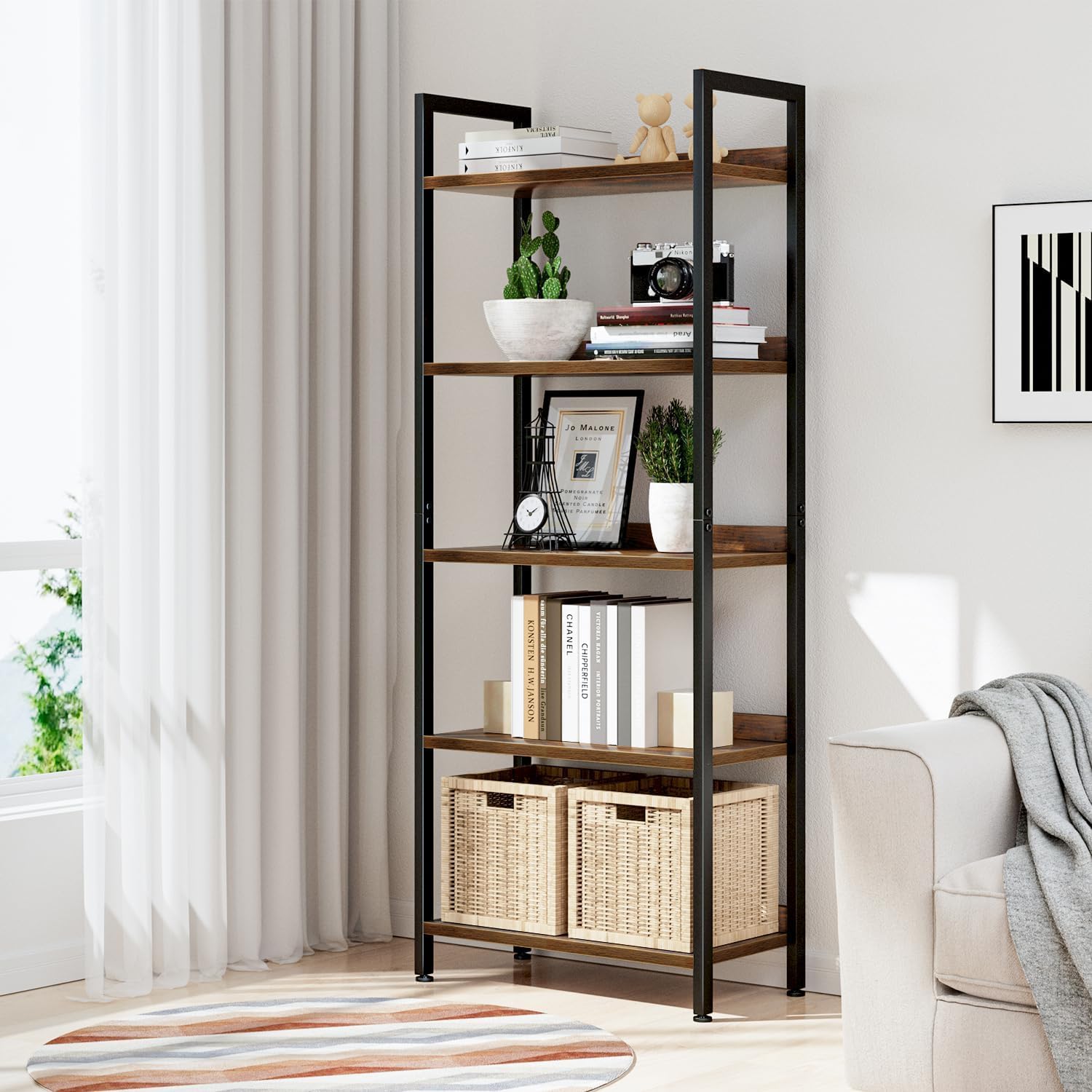  مكتبة تخزين وعرض 5 رفوف خشب ومعدن بتصميم صناعي أنيق 60×30×160 سم 