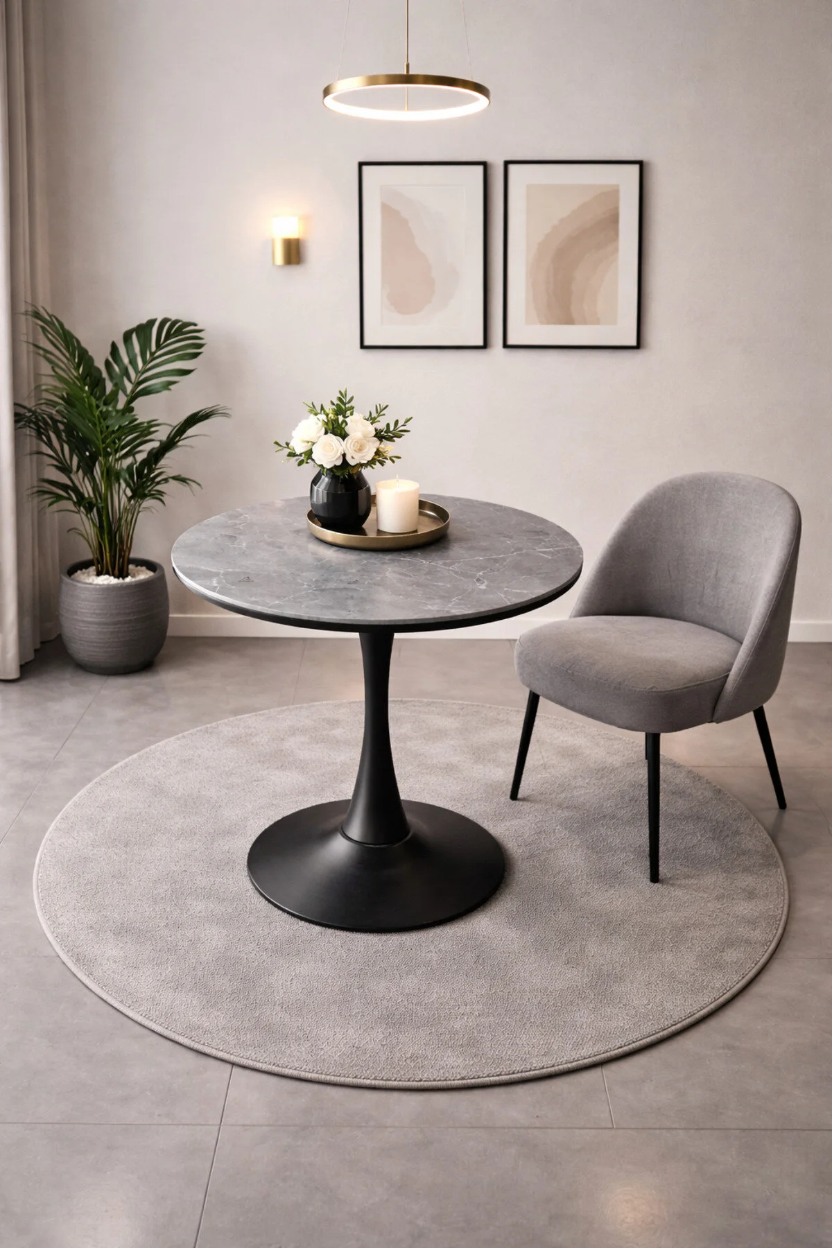  طاولة عصرية دائرية بسطح سيراميك وقاعدة معدنية بتصميم مركزي أنيق للمنازل والمكاتب والمقاهي – قطر 70 سم وارتفاع 75 سم 
