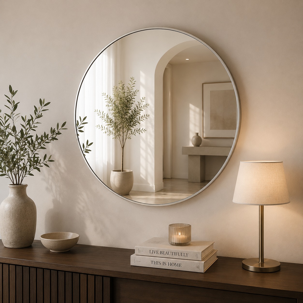  مرآة حائط دائرية فاخرة 90×90 سم بتصميم عصري أنيق – مرآة ديكور مودرن للمدخل وغرفة المعيشة وغرف النوم والصالونات 