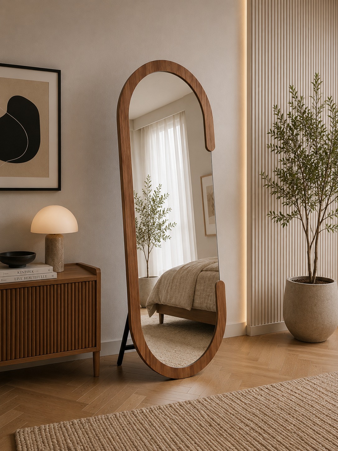  مرآة أرضية ومعلّقة بتصميم عصري فاخر – مرآة ديكور كاملة الطول بإطار انسيابي أنيق للمداخل وغرف النوم والصالونات الحديثة – مقاس 160 × 60 سم 