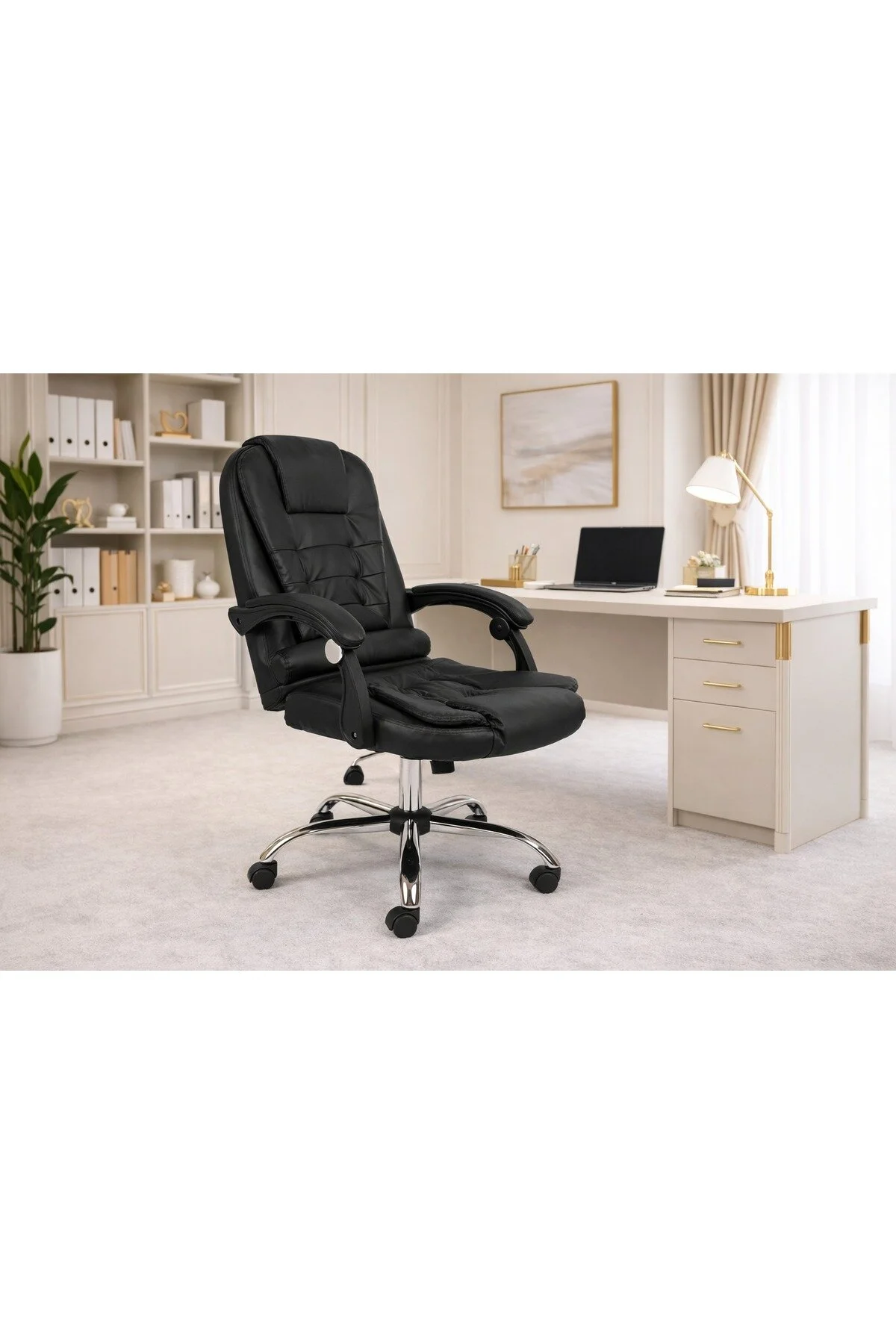  كرسي مكتب تنفيذي فاخر جلد بظهر عالي 62 سم – راحة استثنائية ودعم مثالي للظهر، آلية تعديل ارتفاع وإمالة مرنة، قاعدة كروم ثقيلة 5 نجوم بعجلات متينة 