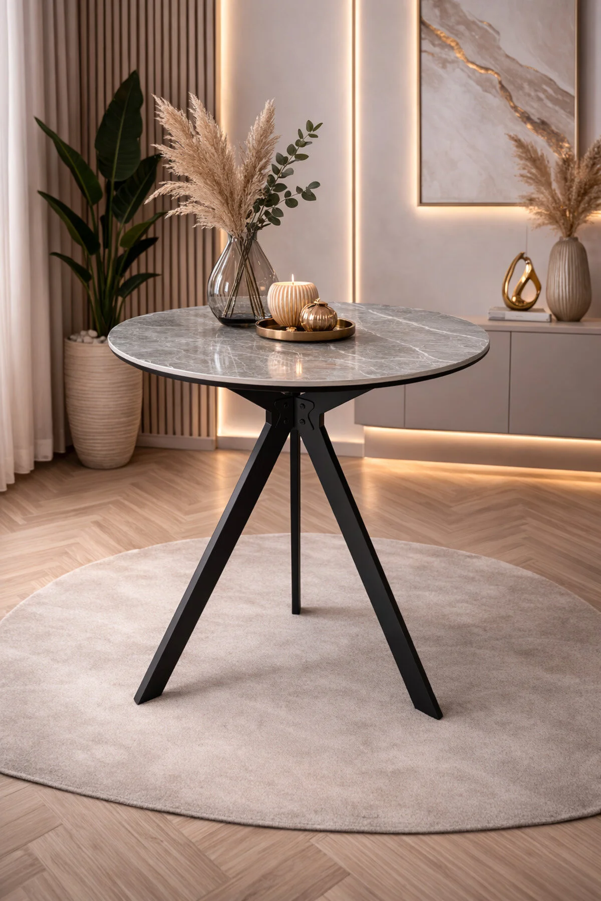  طاولة سيراميك عصرية دائرية بتصميم هندسي ثلاثي الأرجل مع قاعدة معدنية متينة للمنازل والمكاتب والمقاهي – قطر 70 سم × ارتفاع 75 سم 