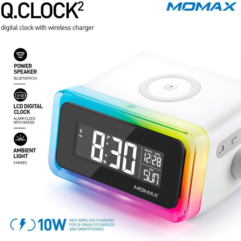  ساعة ومنبة ديجتال تدعم الشحن اللاسلكي، مع اضاءة ملونه أبيض من موماكس، MOMAX 