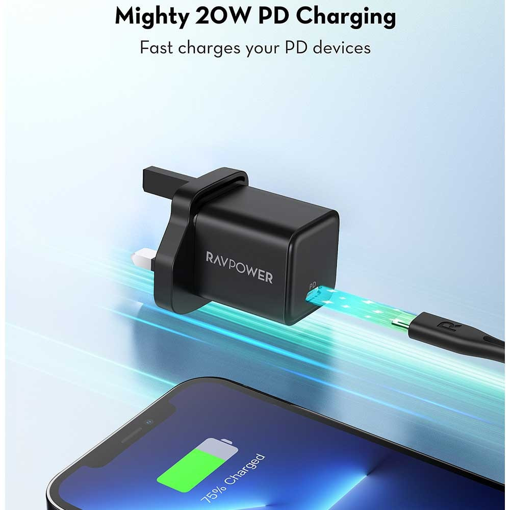 عرض راف باور RAV POWER باور بنك 20الف امبير 50واط مخرجين PD مخرجين USB + فيش جداري 20 واط PD +كيبل تايب سي تو تايب سي 1متر +كيبل PD 1متر