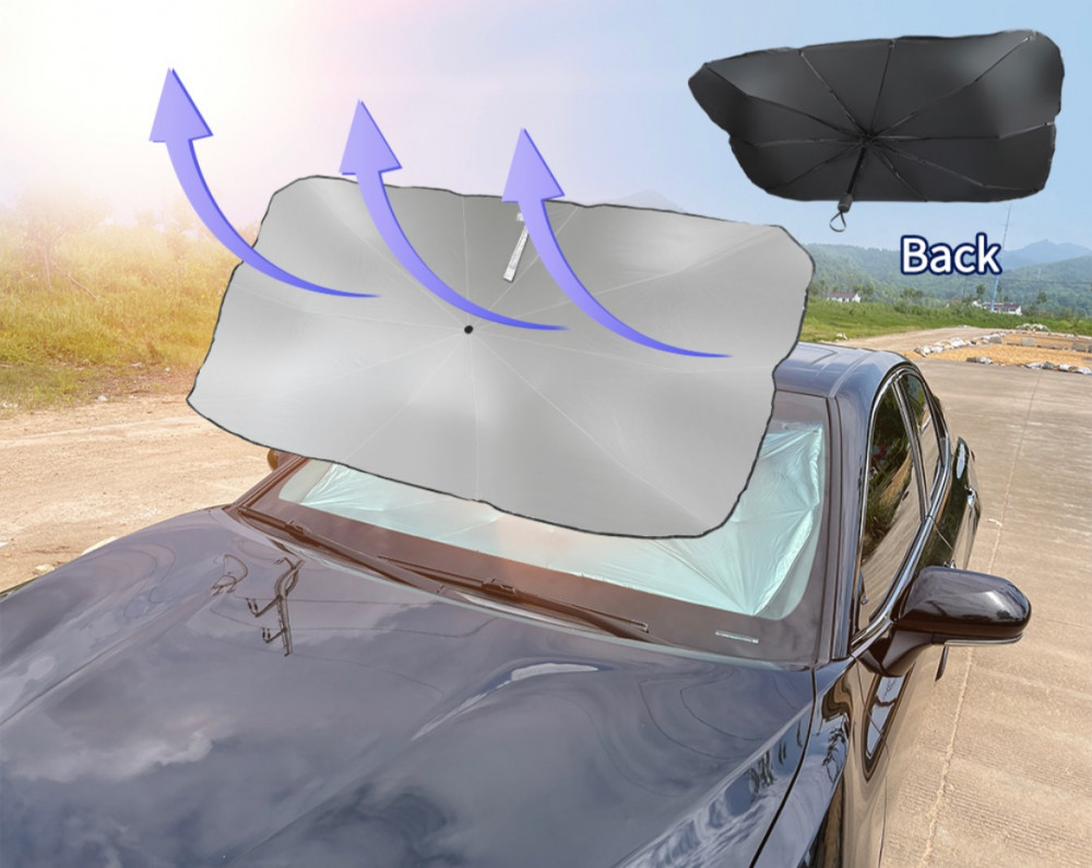 مظلة شمسية للزجاج الامامي للسيارة، قابلة للطي وتحجب الاشعة فوق البنفسجية والحرارة وتحافظ على برودة السيارة وتحمي الاجزاء الداخلية للسيارة،