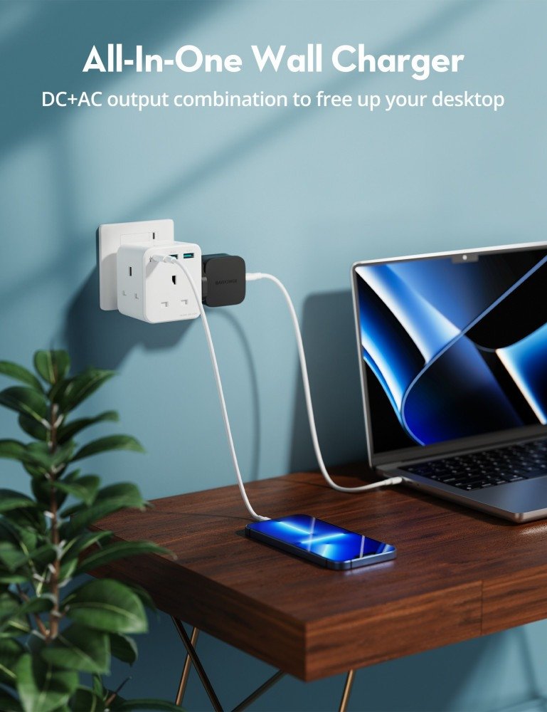  عرض راف باور فيش جداري من راف باور RAV POWER بايونير 3 مداخل طاقه ثلاثية مع منفذين USB - ومنفذ PD +كيبل من راف باور 3 في 1 ايفون وتايب سي ومايكرو قماش بطول 1.2 -اسود