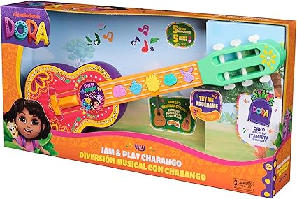 Photos of a girl playing a colorful interactive guitar