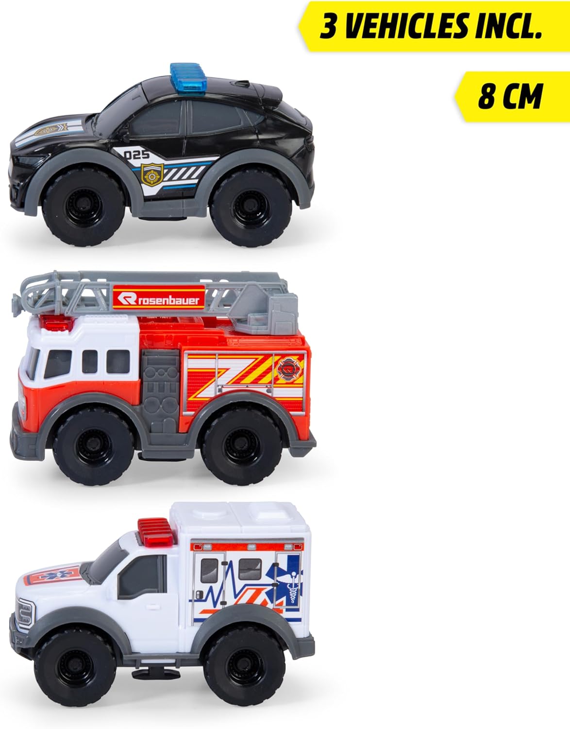 Miniature fire, police, and patrol cars
