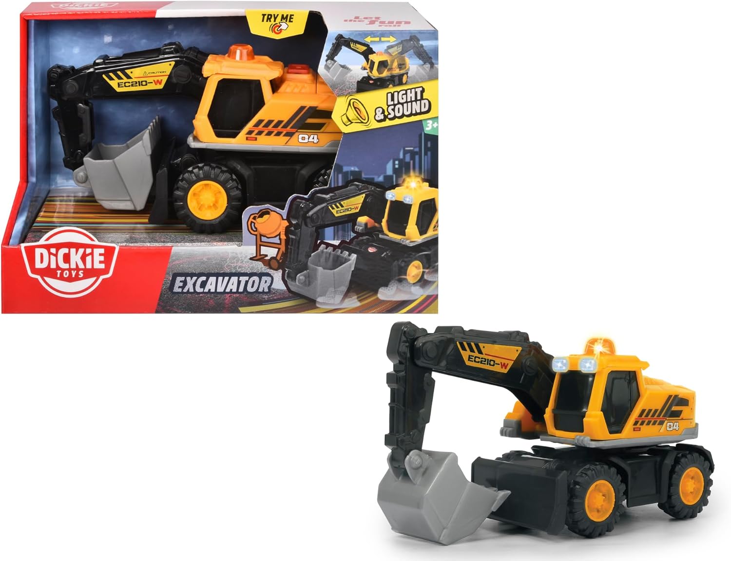 Colorful, realistic-looking toy excavator
