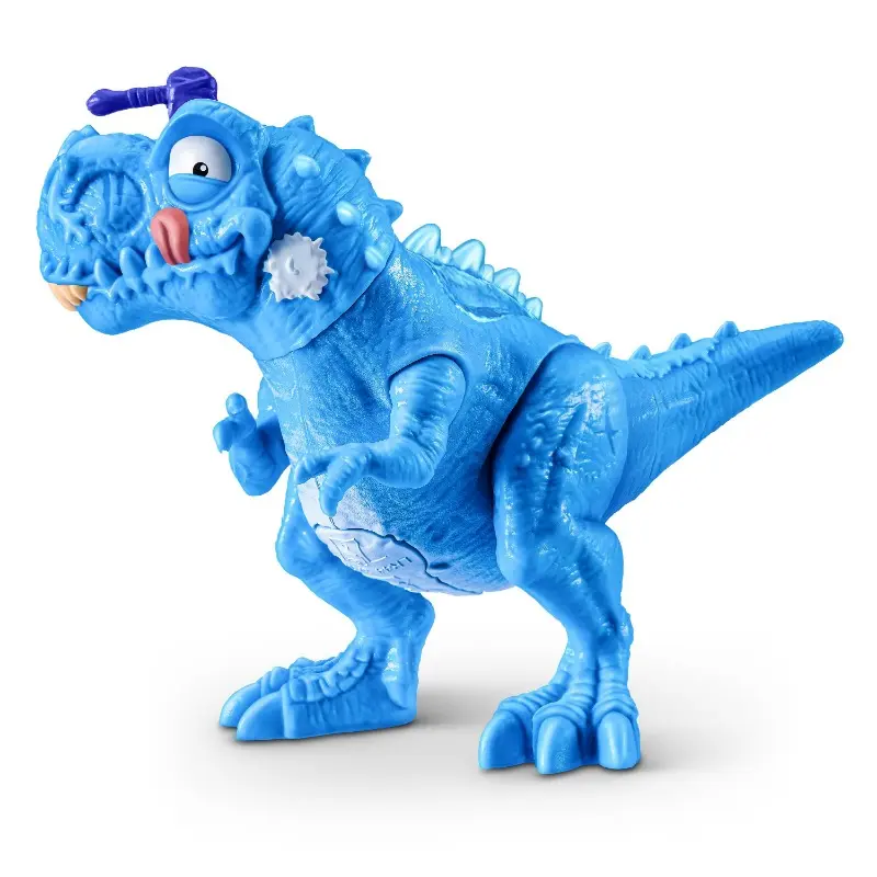 Smiling child surrounded by blue dinosaurs