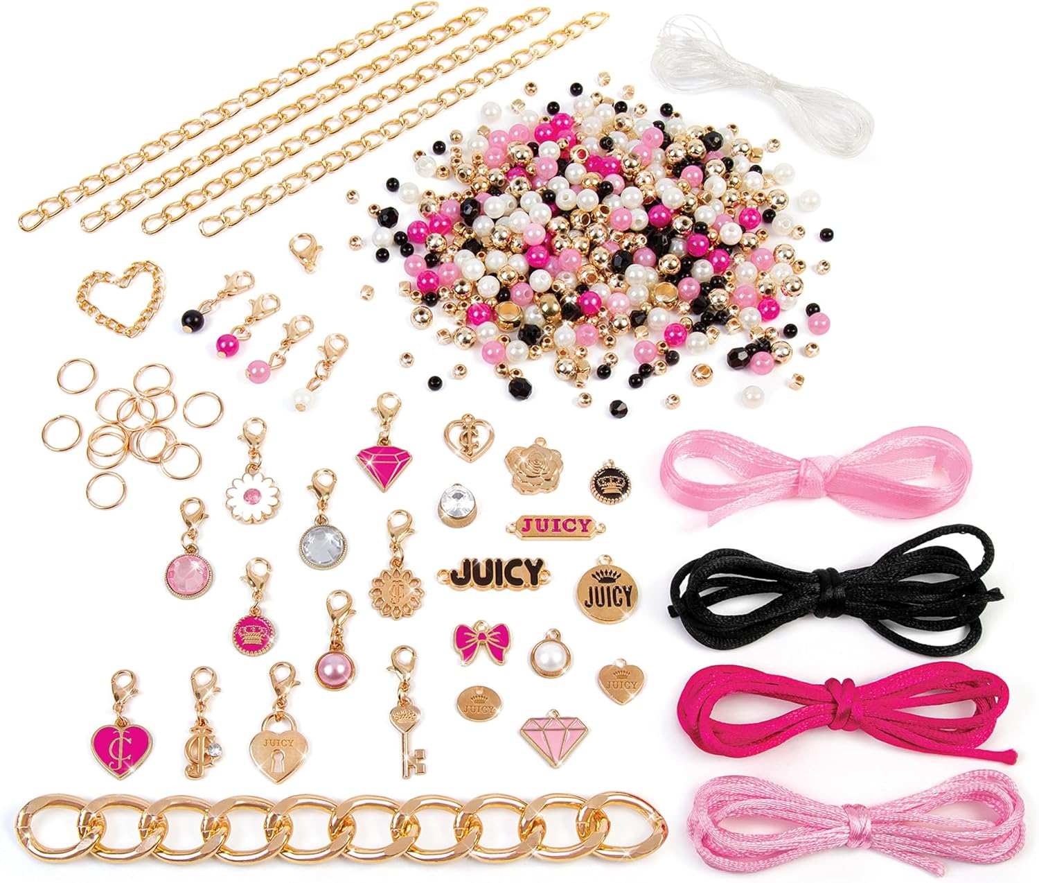 Assortment of pink and red jewelry and bracelets