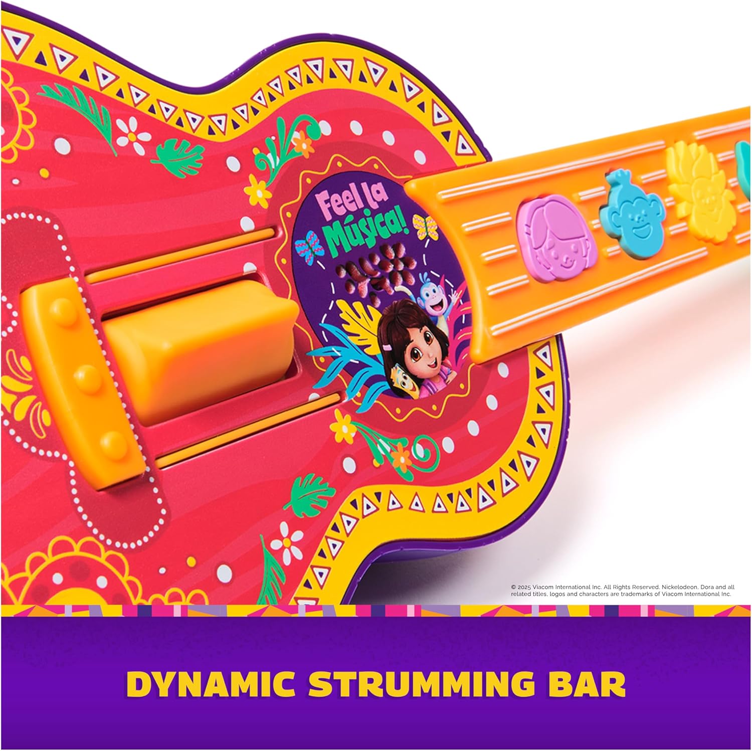 Parts of the colorful interactive guitar with music buttons