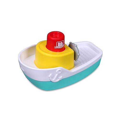 Cartoon-style toy boat with various features