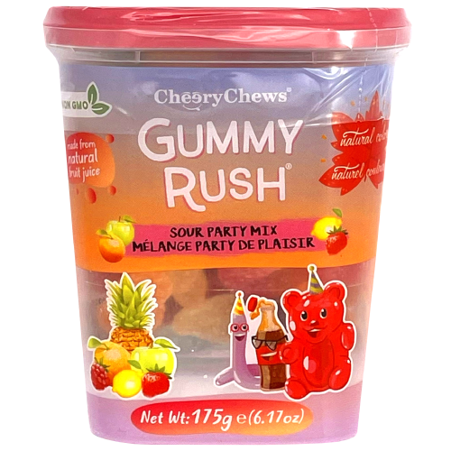 Plastic container of assorted gummy candies