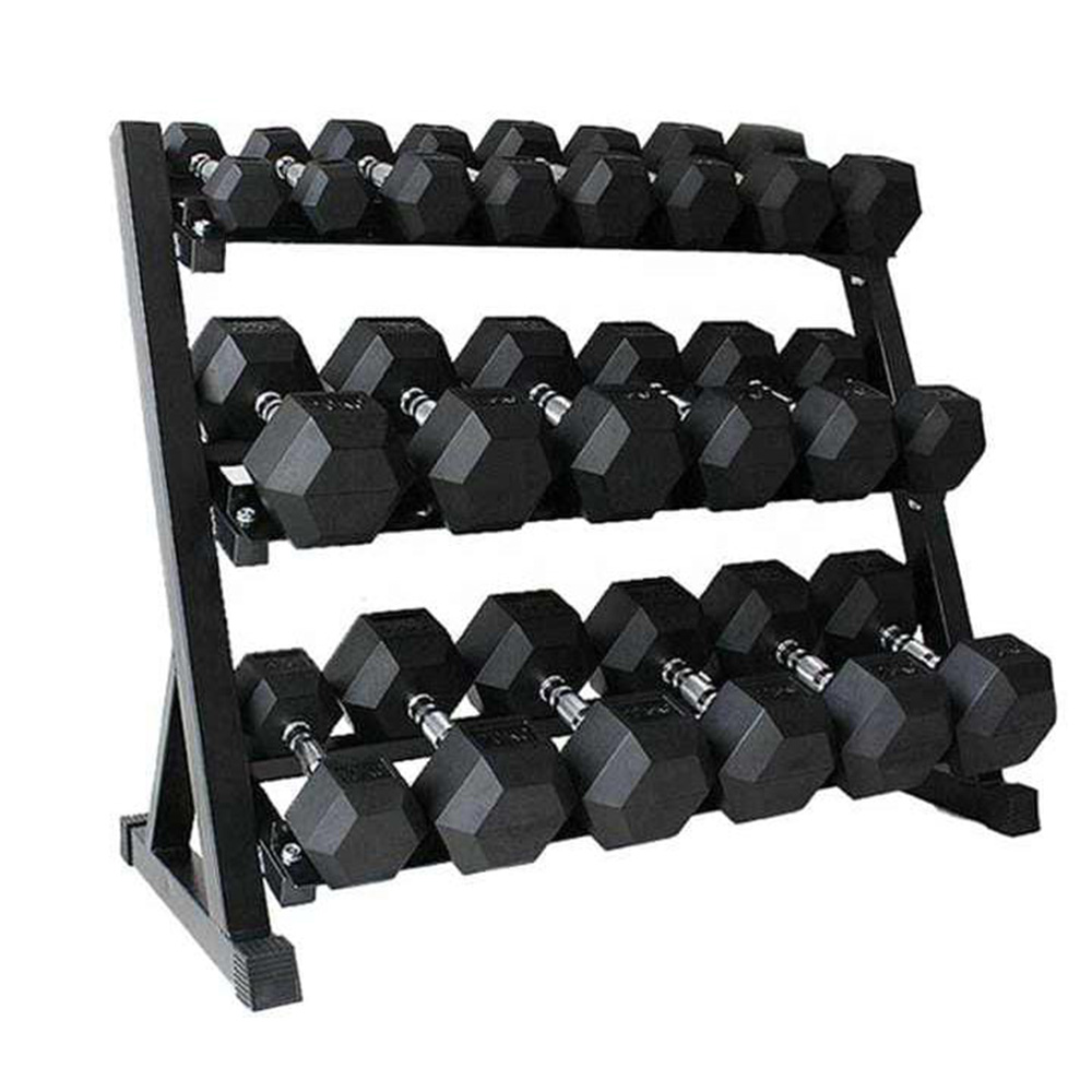 Hex rubber dumbbells with rack for organized weight storage