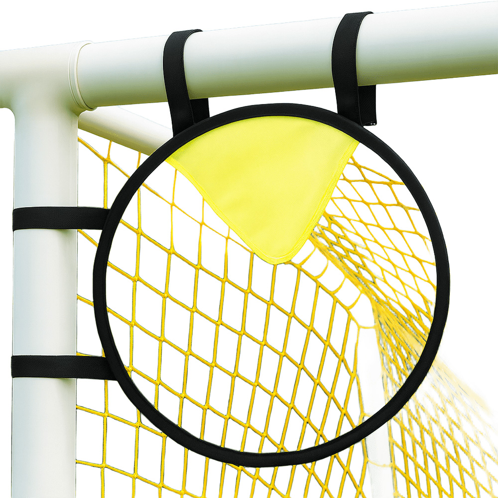 Circular soccer goal target attached to the goal frame for shooting drills