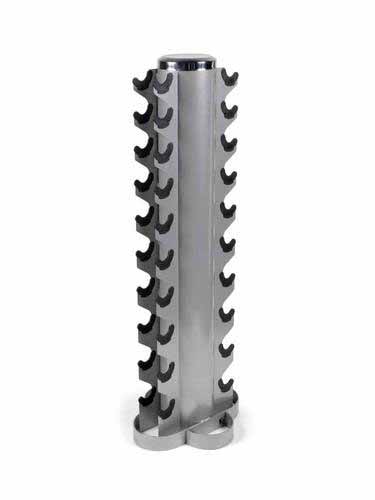 Metal dumbbell rack with silver finish and rubber cradles
