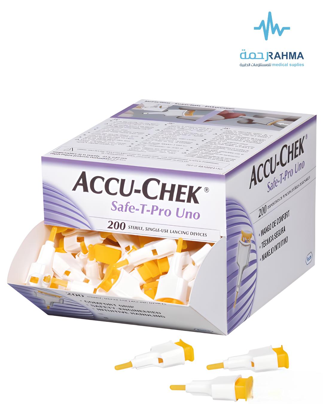 صورة لعلبة وخز AccuChek Safe T ProUno مع بعض الوخزات الفردية في المقدم