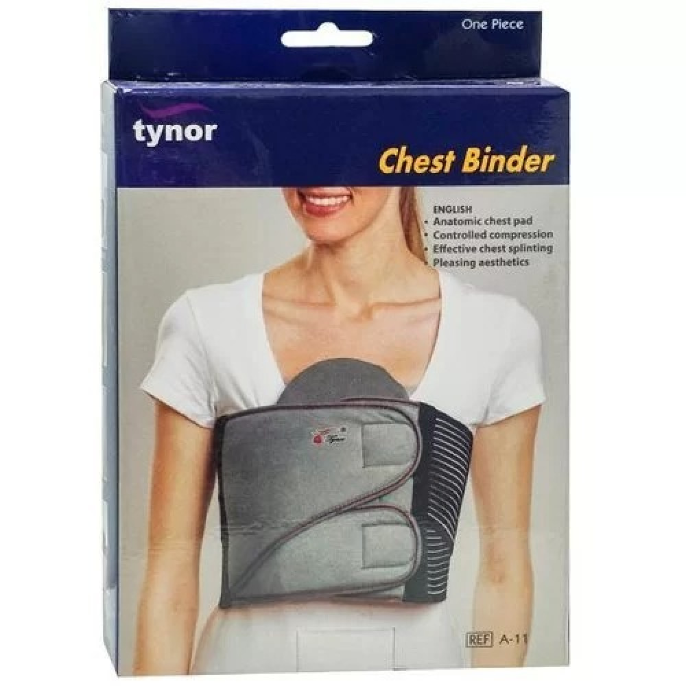 صورة لصندوق Tynor Chest Binder يظهر امرأة ترتدي دعامة الصدر