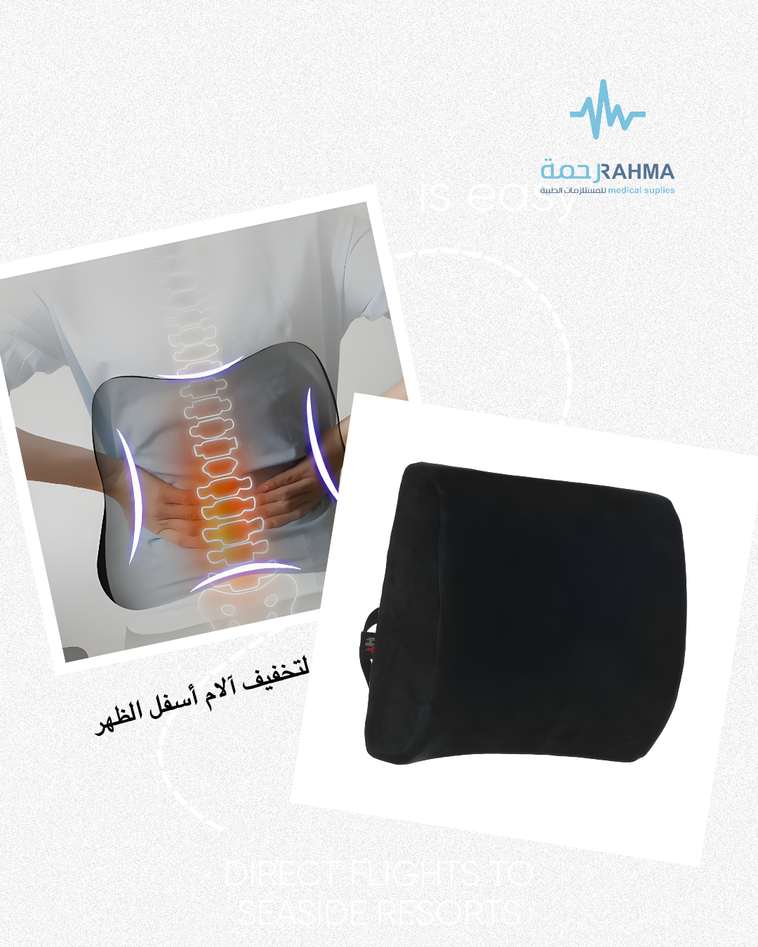 صورة وسادة دعم الظهر باللون الأسود بجانب صورة توضيحية لهيكل عظمي ومنطق