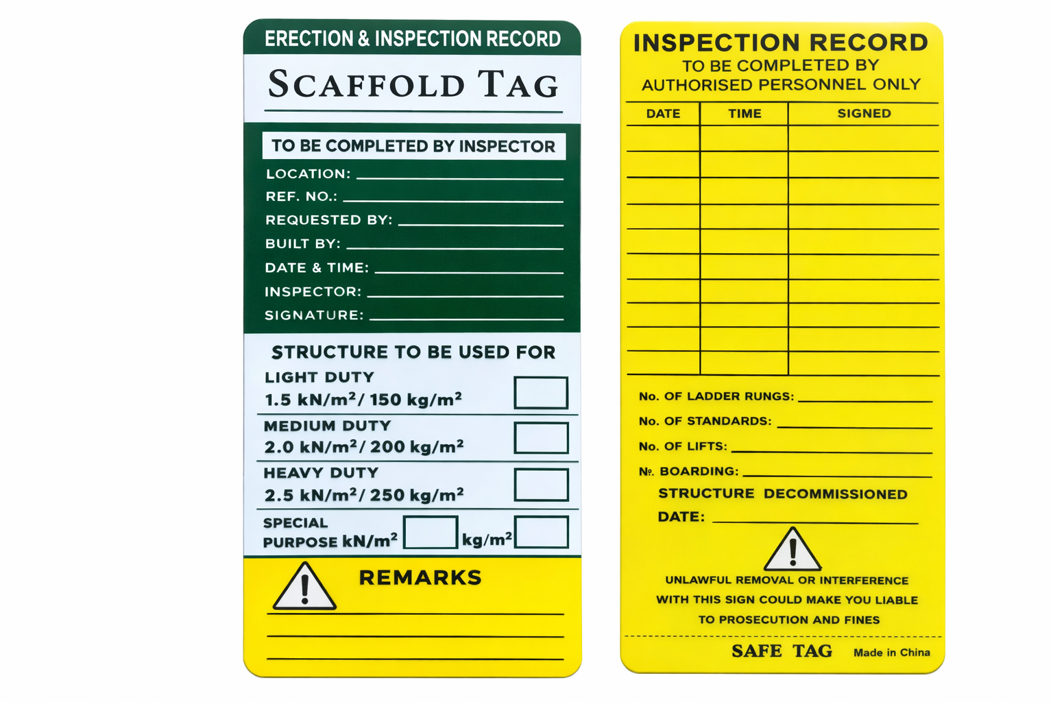 Hi-TEX Waterproof and Sun-Resistant Scaffolding Safety Inspection Card