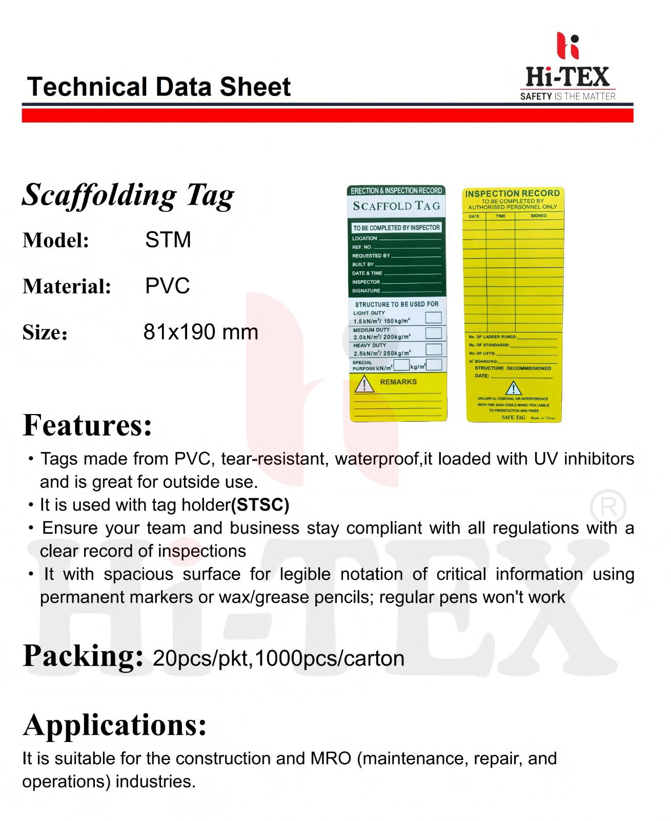 Hi-TEX Waterproof and Sun-Resistant Scaffolding Safety Inspection Card