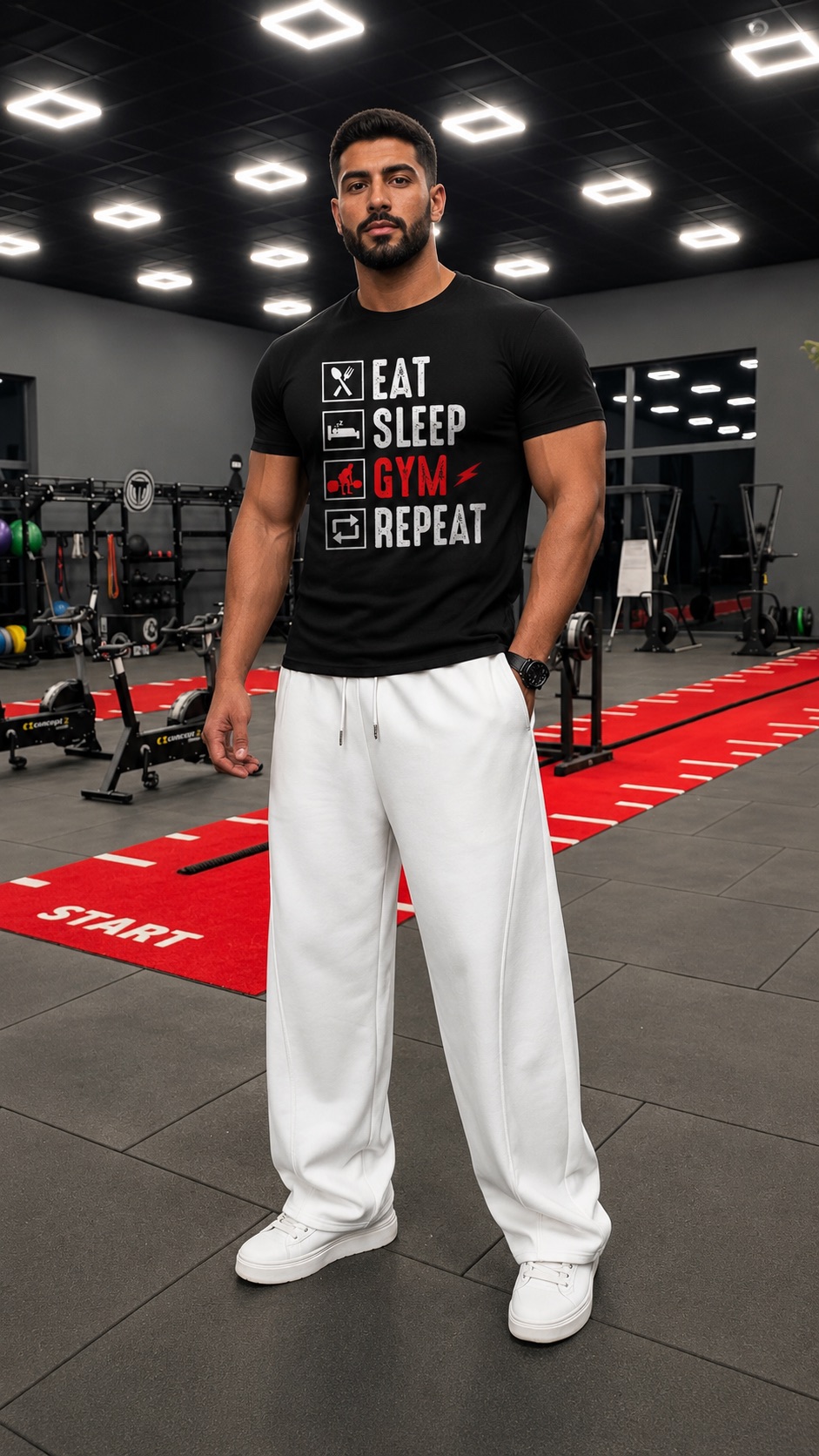 تيشيرت NOVUS BRAND Eat Sleep Gym Repeat - منظر أمامي على موديل داخل الجيم