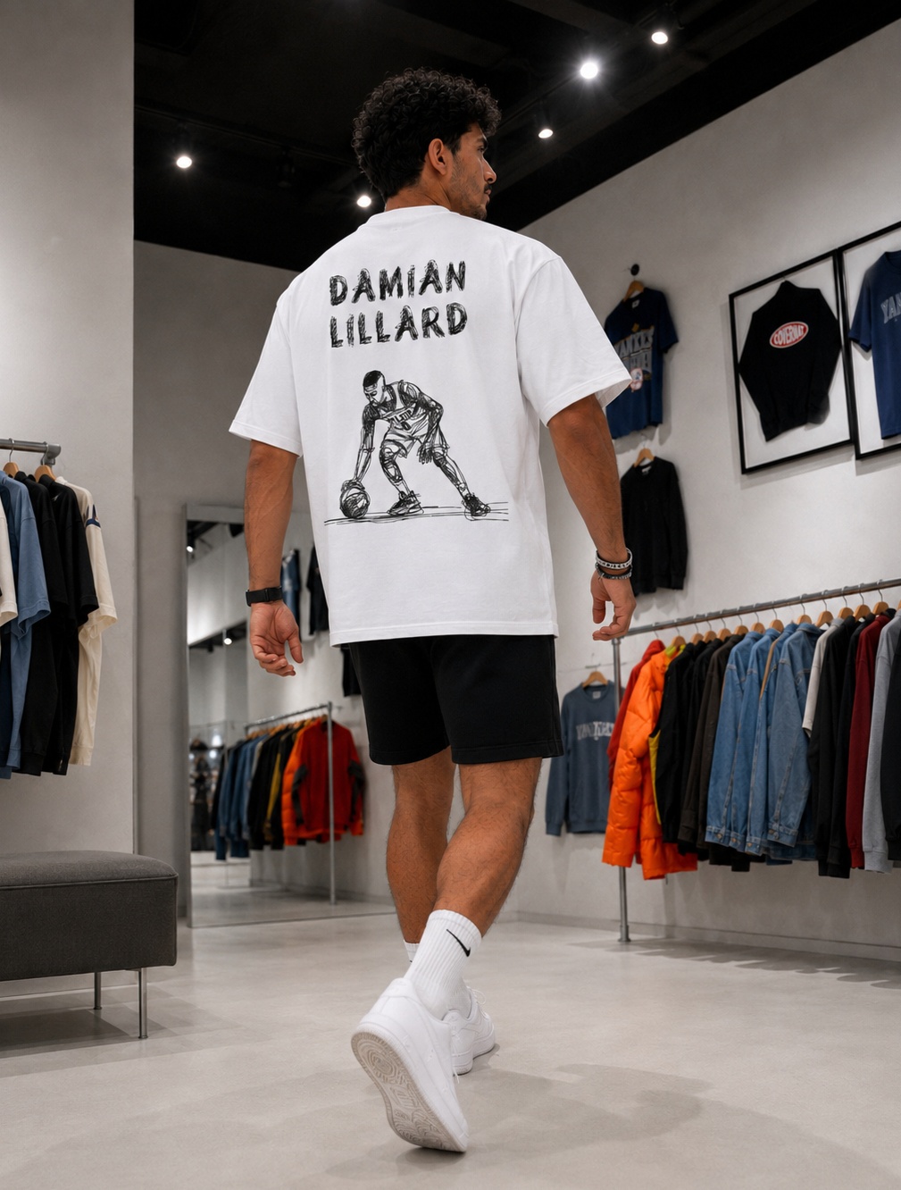 تيشيرت NOVUS BRAND Basketball Sketch أبيض - منظر خلفي أثناء الحركة بتصميم سكتش رياضي