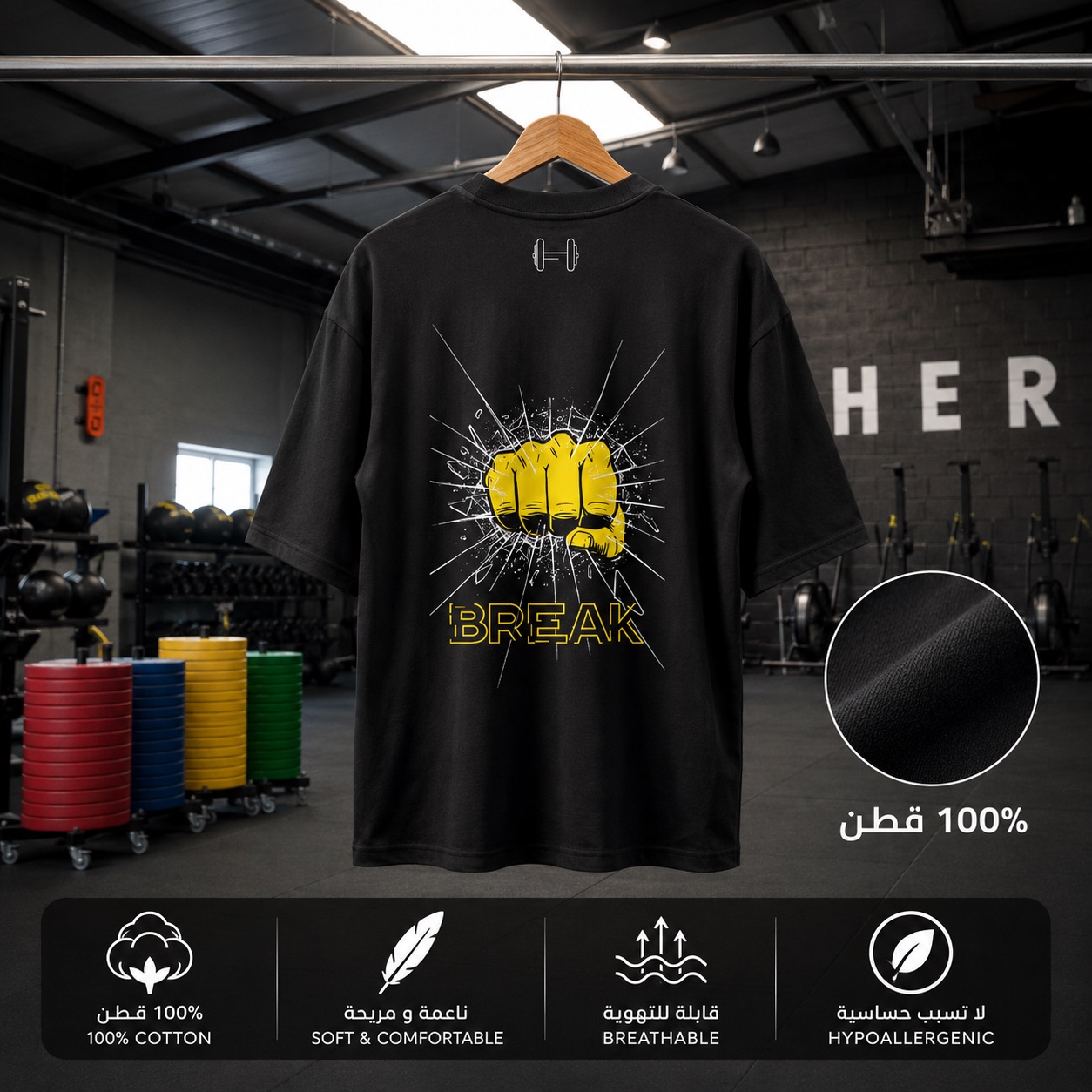 تيشيرت NOVUS BRAND Gym Break قطن 100% - صورة خلفية معلقة مع تفاصيل الخامة