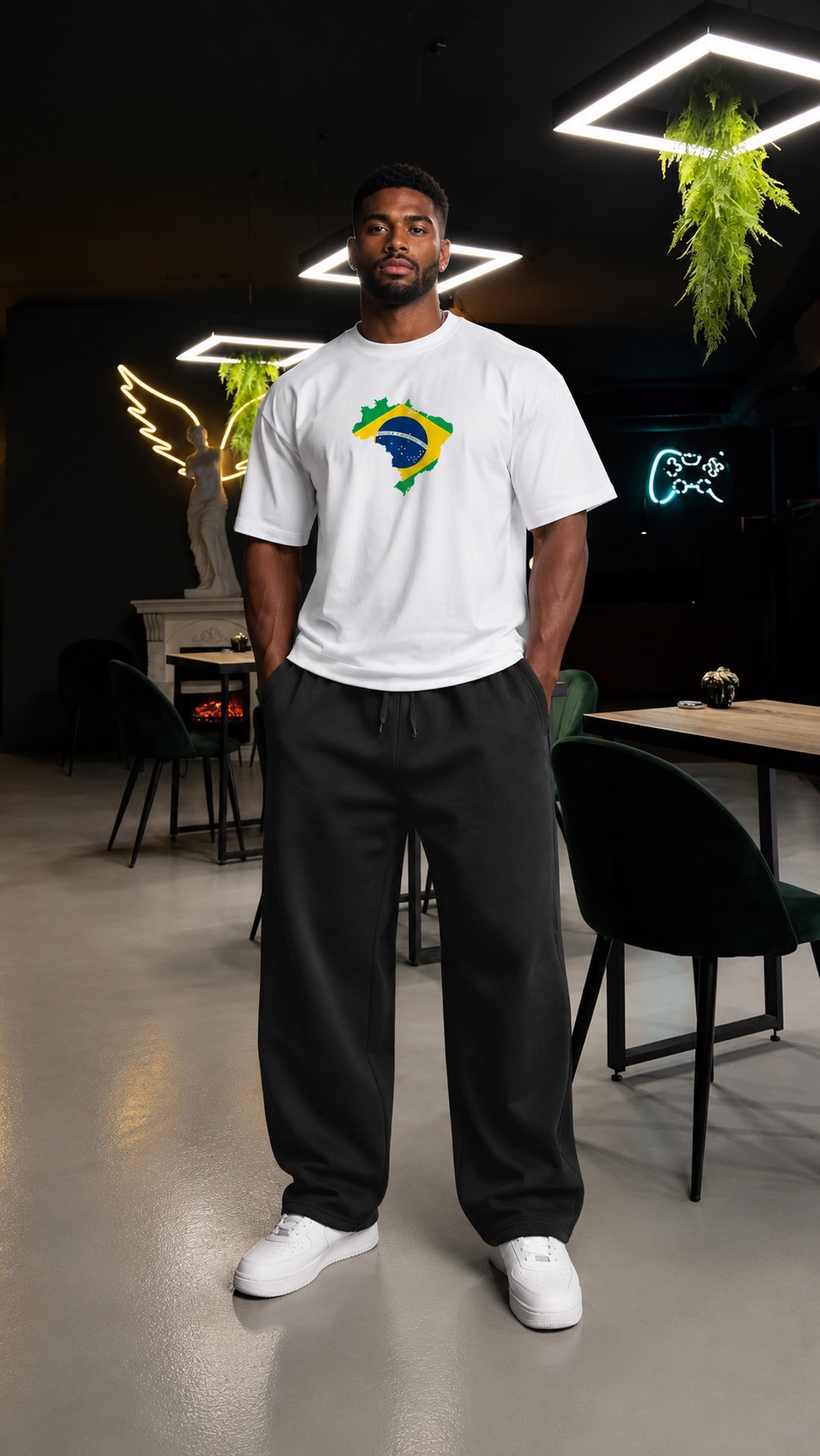 تيشيرت NOVUS BRAND Brazil Spirit أبيض - منظر أمامي على موديل بتصميم مستوحى من البرازيل