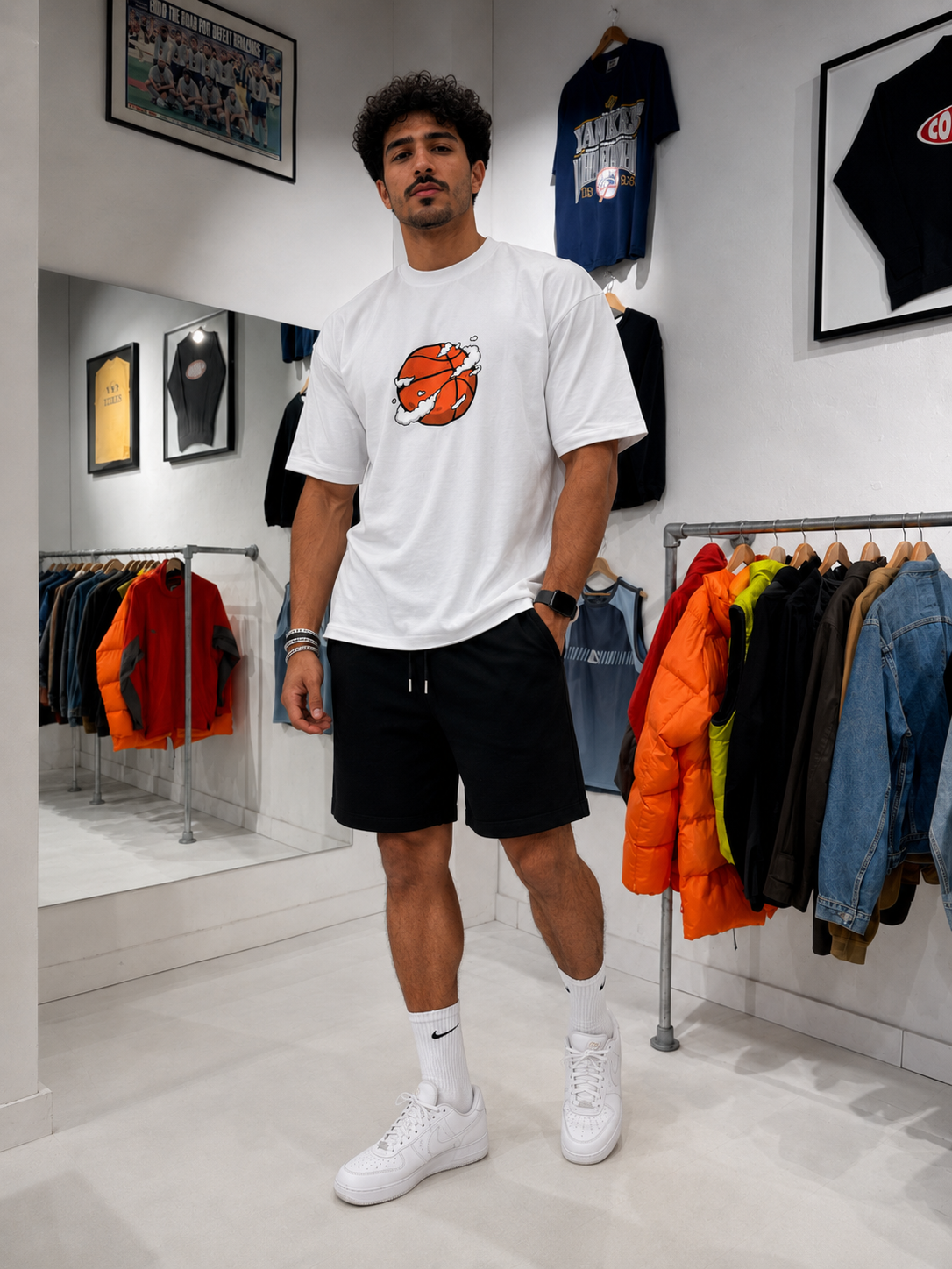 تيشيرت NOVUS BRAND Basketball Sketch أبيض - منظر أمامي على موديل داخل متجر بستايل رياضي