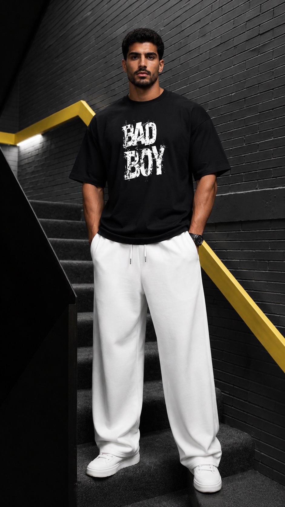 تيشيرت NOVUS BRAND Bad Boy أسود - منظر أمامي على موديل بتصميم أمامي بسيط