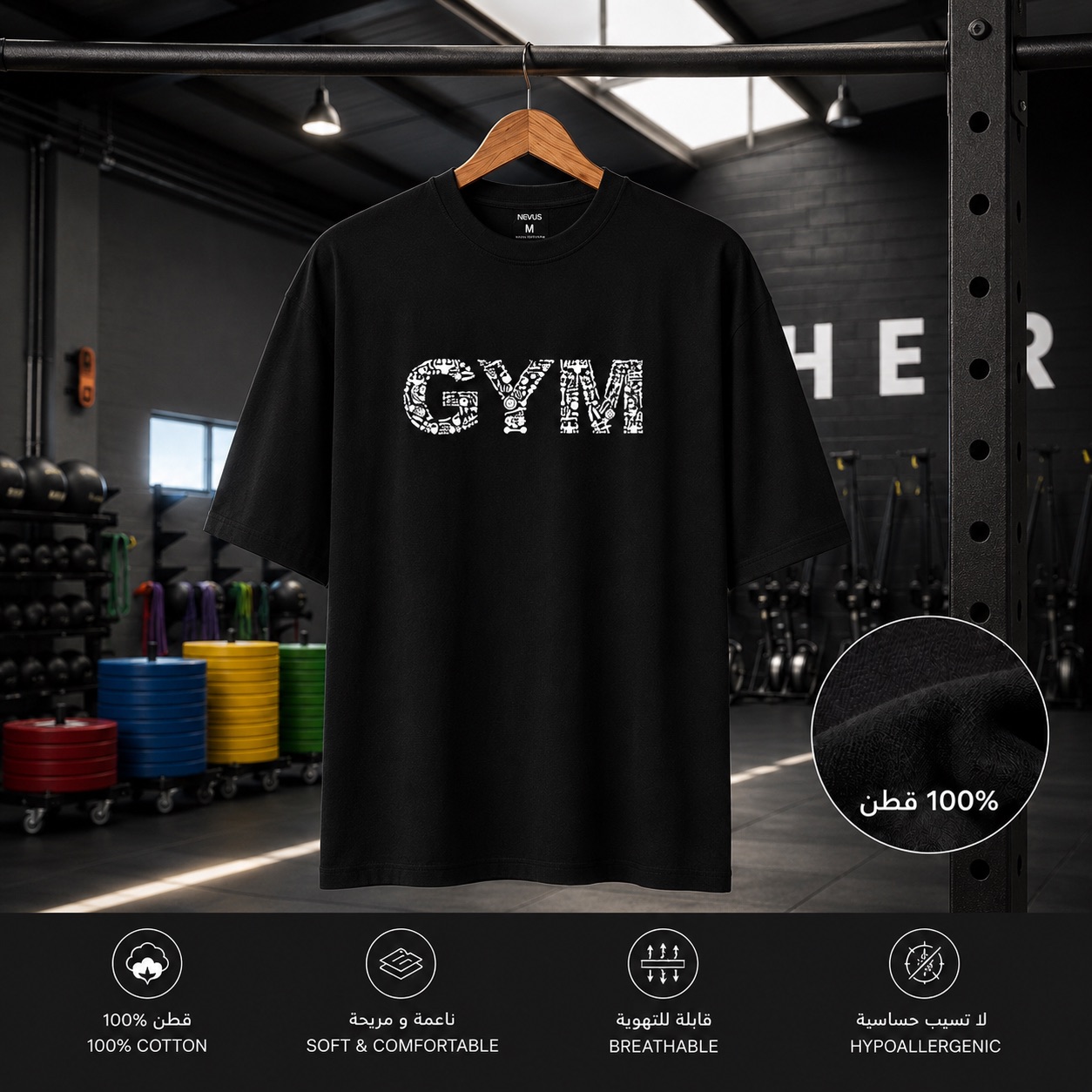 تيشيرت NOVUS BRAND Gym Break قطن 100% - صورة أمامية معلقة مع تفاصيل الخامة