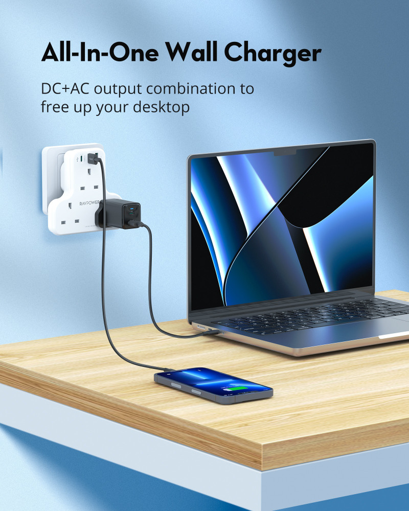 شاحن جداري راف باور بايونير 3 مداخل طاقه ثلاثيه مع منفذين USB ومنفذ تايب سي بتقنية PD بقوة 20 واط