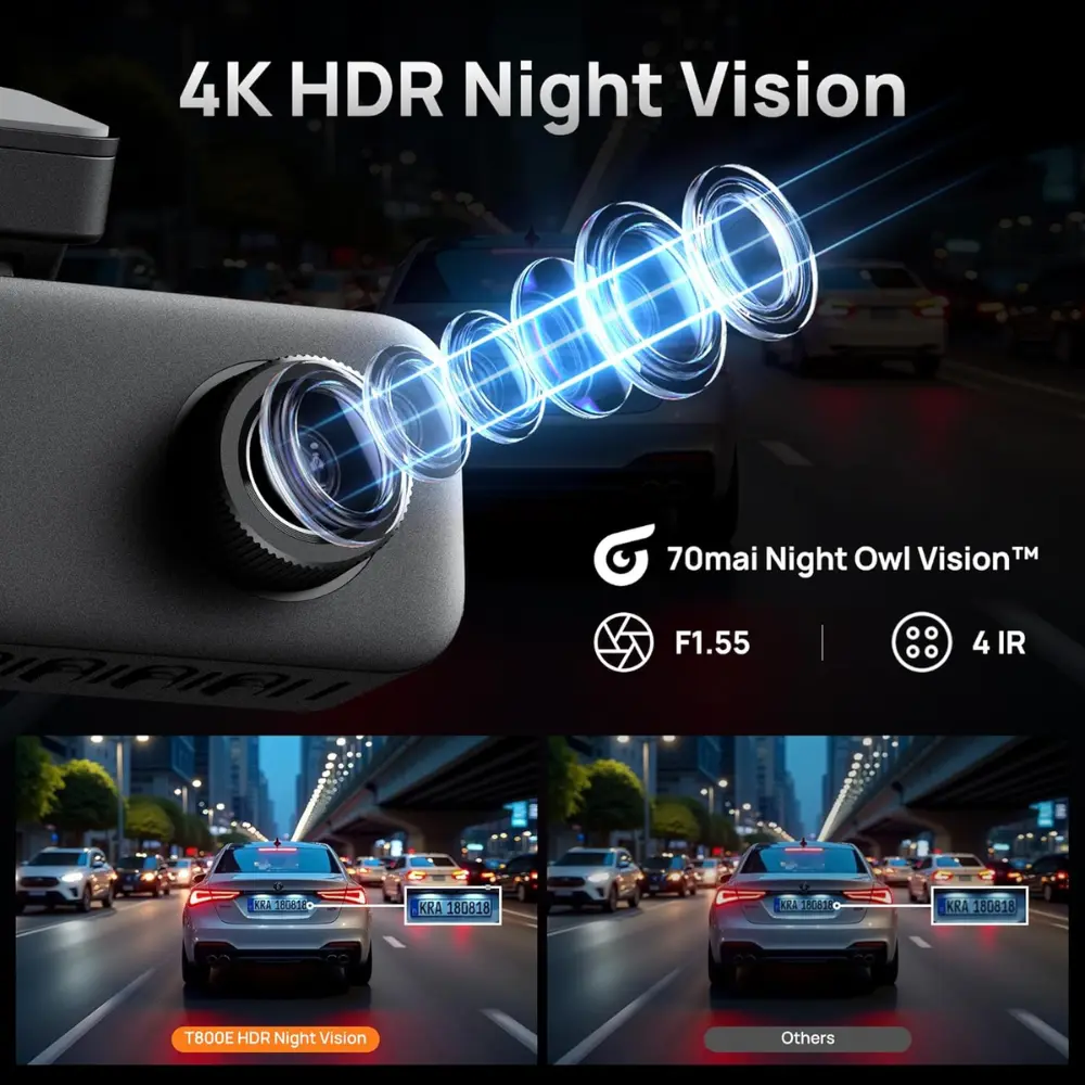  داش كام 70mai T800E كاميرا أمامية بدقة 4K + كاميرا داخلية وخلفية بدقة HD - أسود