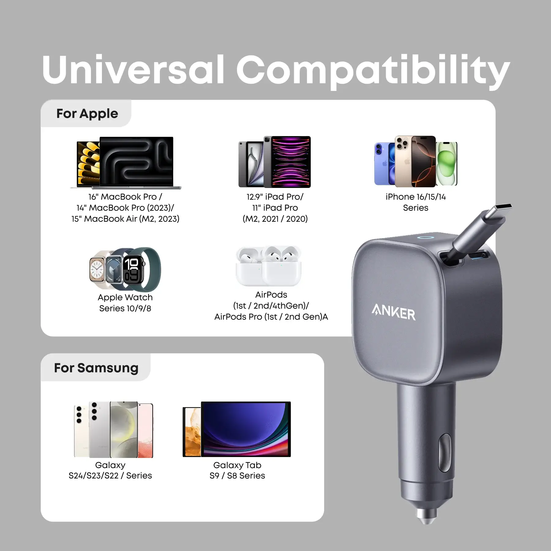 شاحن سيارة أنكر نانو 75 واط بمنفذ USB-C وكابل مدمج أصلي من Anker