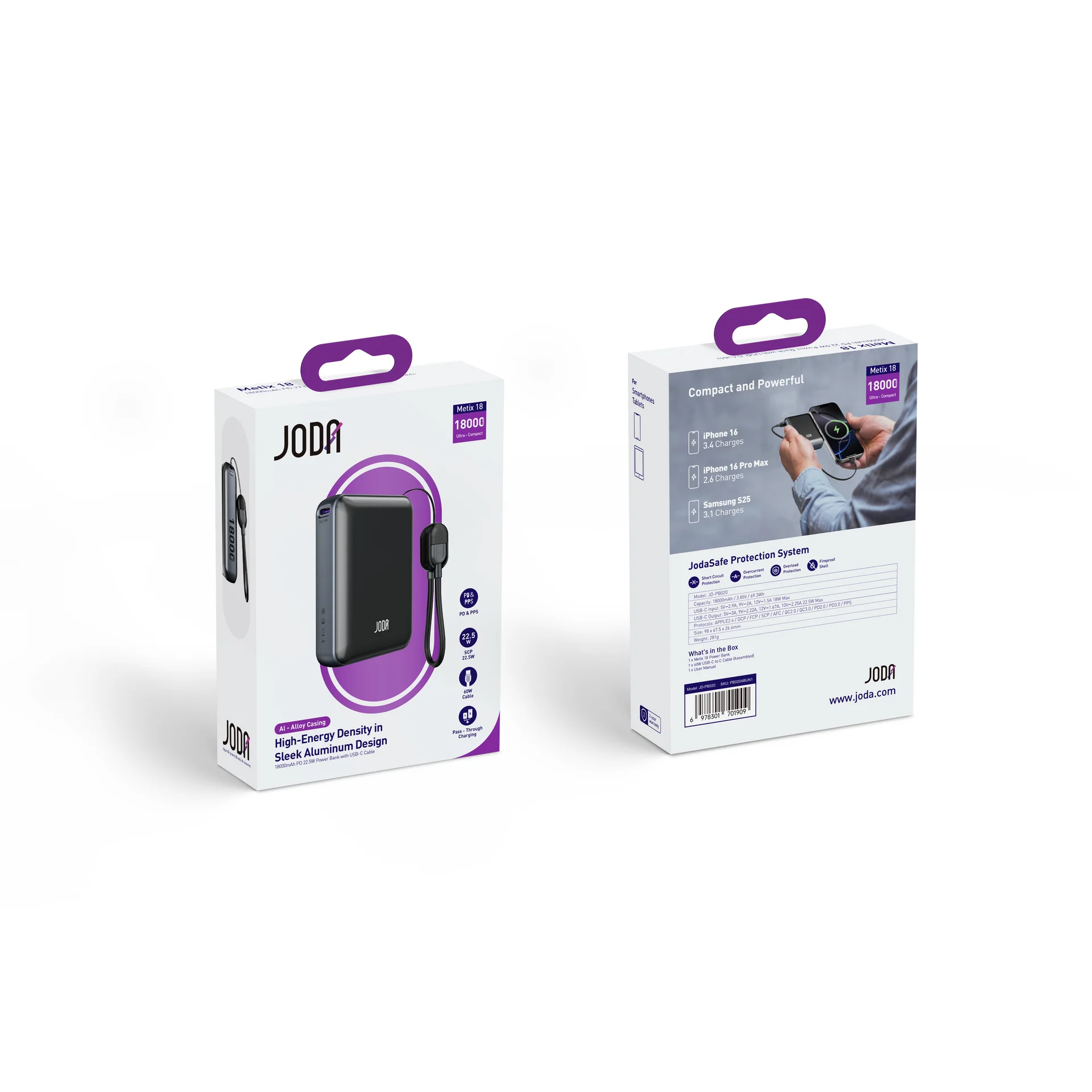 JODA 18000mAh 22.5W Power Bank with USB-C Cable - Black