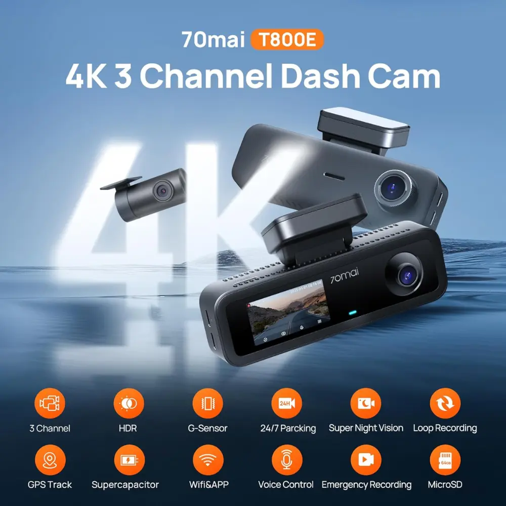  داش كام 70mai T800E كاميرا أمامية بدقة 4K + كاميرا داخلية وخلفية بدقة HD - أسود