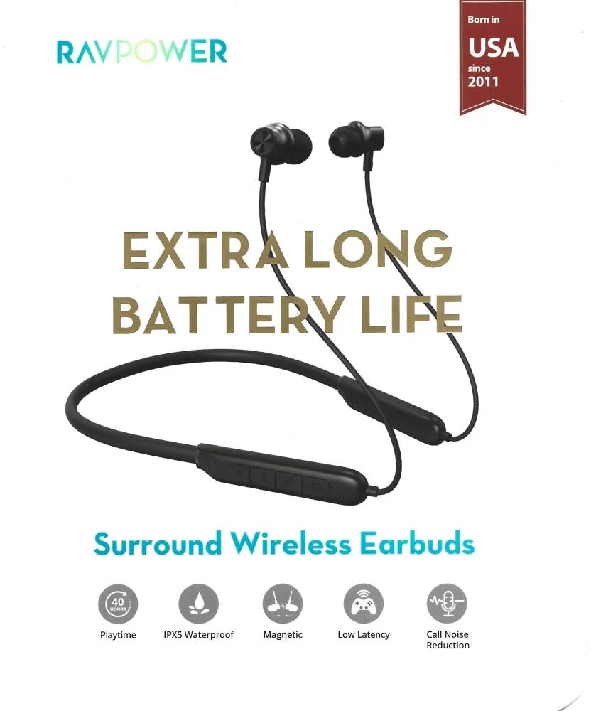 RAVPower Surround Wireless Earbuds Black Neckband Style